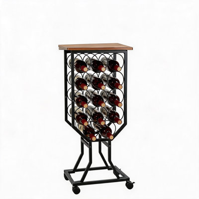 Compact Freestanding 12-Bottle Wine Rack with Wooden Tabletop & Removable Casters – Metal Storage Organizer, Glass Holder, for Home Bar, Kitchen, Dining Room – Fits 12 Bottles of Red Wine