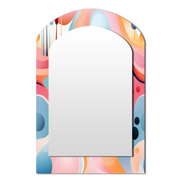 Pink Fusion Abstractions In Motion - Midcentury Asymmetrical Large Mirror, Modern Arch Decorative Wall Mirror, Printed Metal Art