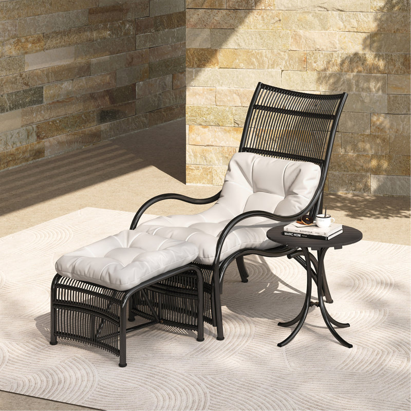 3 Pieces Wicker Outdoor Patio Furniture Set With Lounge Chair, Balcony Chairs Table Set With Cushions, Ottoman, Patio Conversation Sets For Garden ,Deck,And Porch
