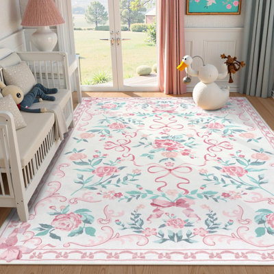 Kaldi Vintage Floral Bow Washable Area Rug, Soft Low-Pile Rug with Non-Slip Backing