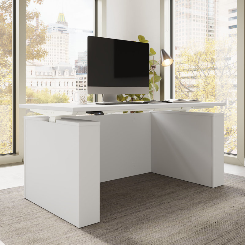 Bureau debout réglable en hauteur avec panneau Modesty Bush, Blanc