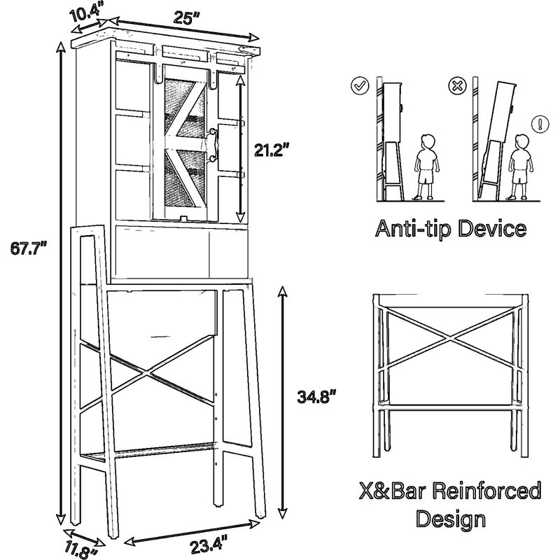 Armoire de rangement au-dessus de la toilette avec tablettes réglables et porte de grange