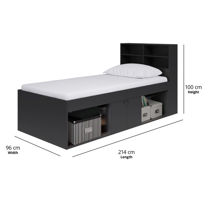 Low Single 3ft Cabin Bed with bookcase headboard, Black