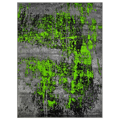 Tapis abstrait moderne contemporain gris vert, noir et électrique HR pour salle de jeux