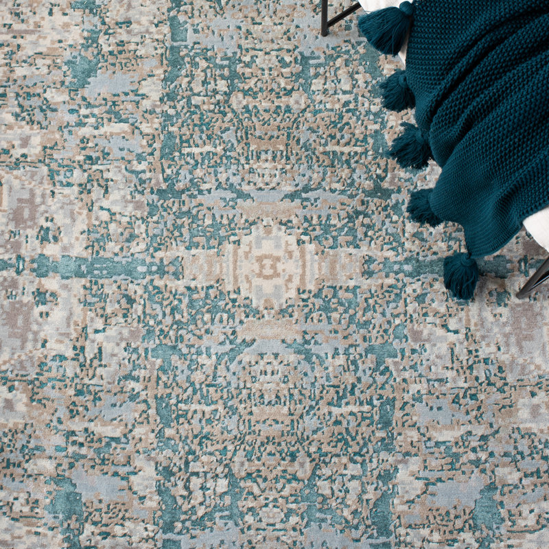 Hand-Knotted Worn Denim Abstract Wool Silk 8' x 10' Rug