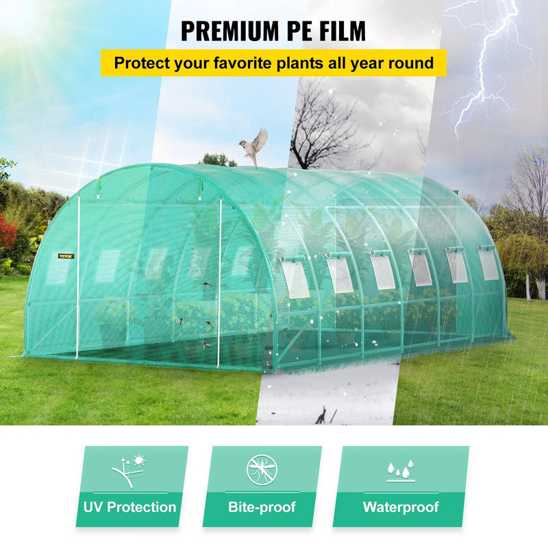 20x10x7 ft Walk-in Tunnel Greenhouse with Galvanized Steel Frame, 2 Zippered Doors, 12 Roll-up Windows, Portable Plant Hot House, Green