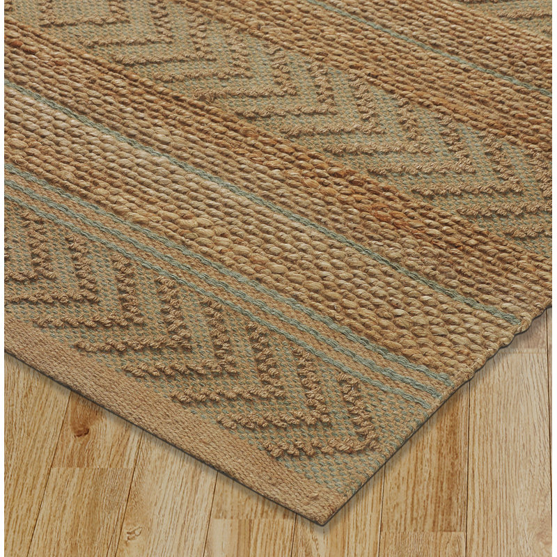 Tapis géométrique tissé à plat à la main en jute / sisal brun clair / vert / bleu Spigner, Rectangle 7 pi 9 po x 9 pi 9 po