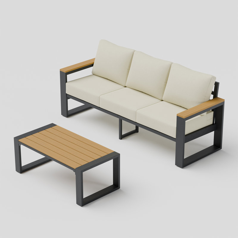 Table basse de patio en aluminium pour 3 personnes avec accoudoirs imitation bois et coussin de 12,5 cm, Cream