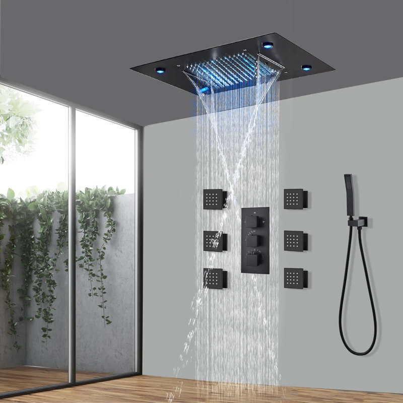 Système de robinet de douche thermostatique 49 pouces et 35 cm à DEL avec 6 jets pour le corps