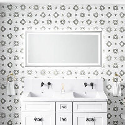 Miroir de salle de bain mural avec cadre en aluminium, façade et rétroéclairage à DEL, 3 températures de couleur, brouillard, gradation continue, miroir de salle de bain à mémoire de forme avec dimensions de 60 po x 28 po, cadre, choix, brouillard et gradation - frêne