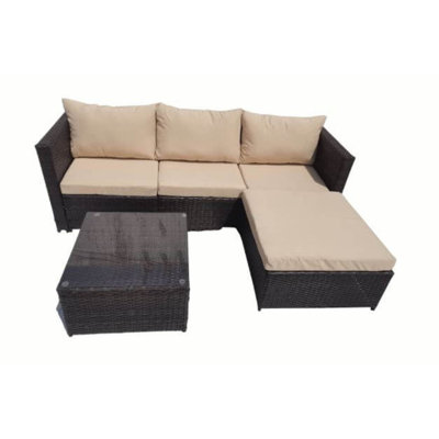 Hampus 3 Seater Rattan Brown/Beige Garden Sofa Set With Large Stool And Coffee Table