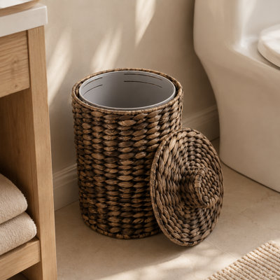 Water Hyacinth Waste Basket with Removable Lid - 2 Gallon Bathroom Trash Can (Black)