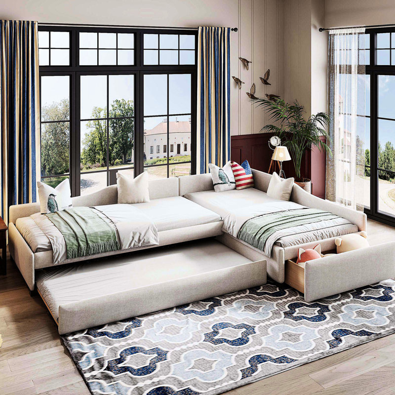 Beige Upholstered Daybed With Trundle, Drawer And Plywood Structure, Comfortable For Three Daybed, Drawer, Smooth Finish, Linen Blend