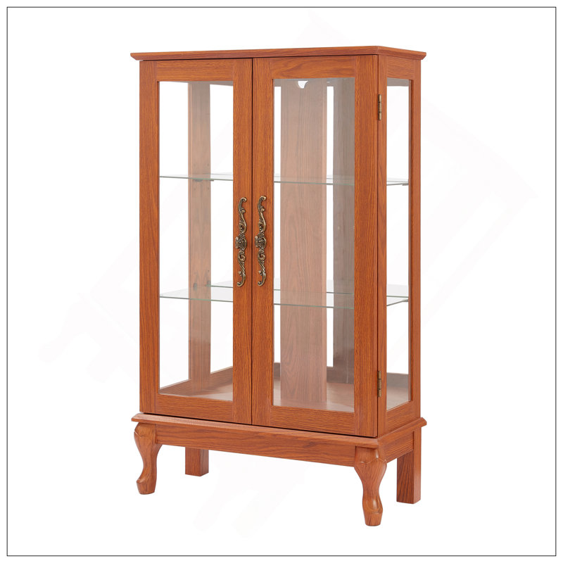 2 Doors Curio Cabinet With Tempered Glass Doors, Curio Cabinets With Mirrored Back Panel And Adjustable Shelves, Lighted Display Cabinet For Home, Office Light Bulb Included DARK OAK