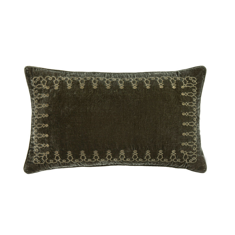 Stella Faux Silk Velvet Embroidered Romantic Western 14x24 inch Lumbar Pillow, Fern Green