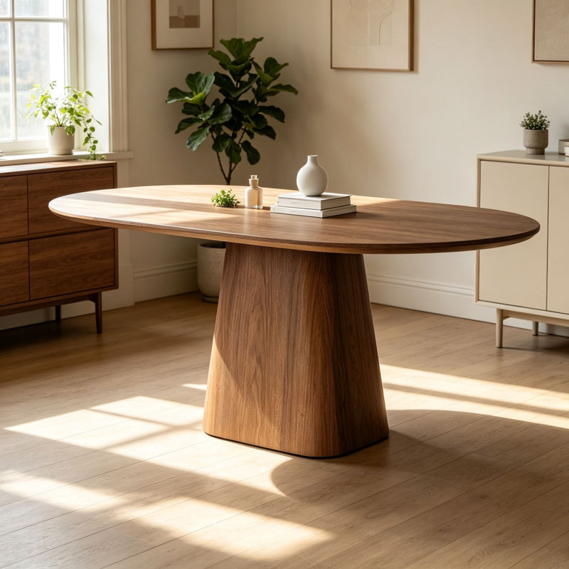 Brown Curved Solid Wood Dining Table