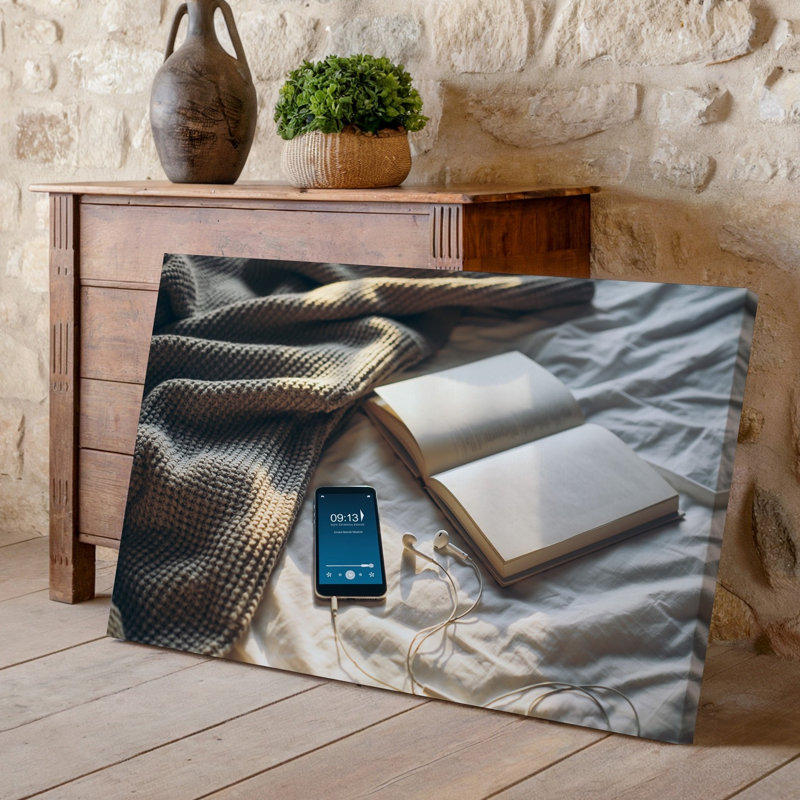 Toile «A Cosy Intime Scene Doted», une douce couverture texturée en tricot dans une teinte beige discrète drapée sur une lumière apportant une toile