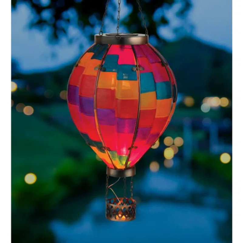 27" Hanging Solar Hot Air Balloon Lantern with Glass Panels and Metal Frame, Stripe