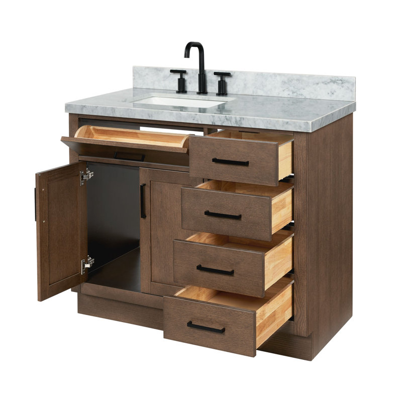 Meuble-lavabo simple en bois massif Tidworth de 42 po avec plateau en marbre de Carrare de 1,5 po, Gauche, Chêne brun