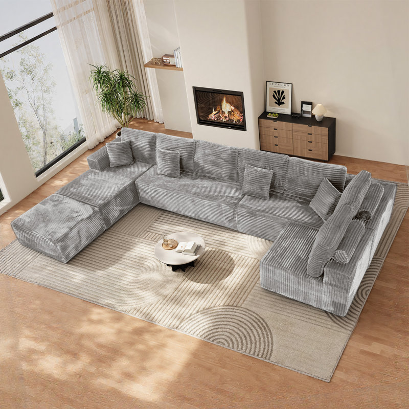 Canapé modulaire surdimensionné en velours côtelé de 177 po de large avec coussins décoratifs, Velours côtelé gris