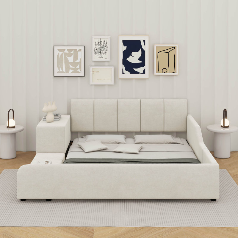 Grand lit tapissier à la terre avec bureau et petit tabouret rond, Beige