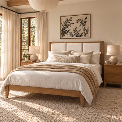 Knighten Solid Wood Boucle Upholstered Headboard Walnut Queen Bed Frame