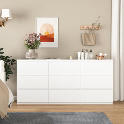 Commode 9 tiroirs sans poignée, commode moderne en bois blanc mat pour la chambre à coucher, commode de rangement pour le salon, le couloir, le vestibule