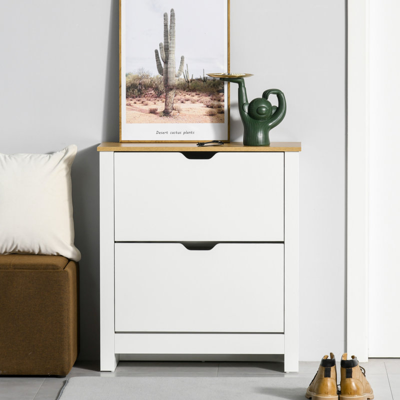 Shoe Cabinet with 2 Flip Drawers, Slim Shoe Storage Cabinet with Adjustable Dividers, Entryway Shoe Organizer for 12 Pairs of Shoes for Hallway, Natural & White