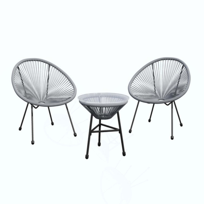 Acapulco-Inspired Patio Bistro Set with 2 Ergonomic Chairs & Tempered Glass Table, Gray