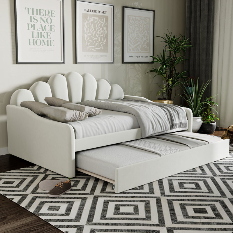 Kaleab Upholstered Full Daybed, Curved Arms Shalle, Shaped Backrest, Sofa, Guest Bed, Beige
