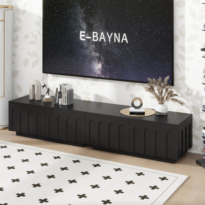 Meuble télé moderne avec design arqué, table basse à double usage avec 4 tiroirs, Noir