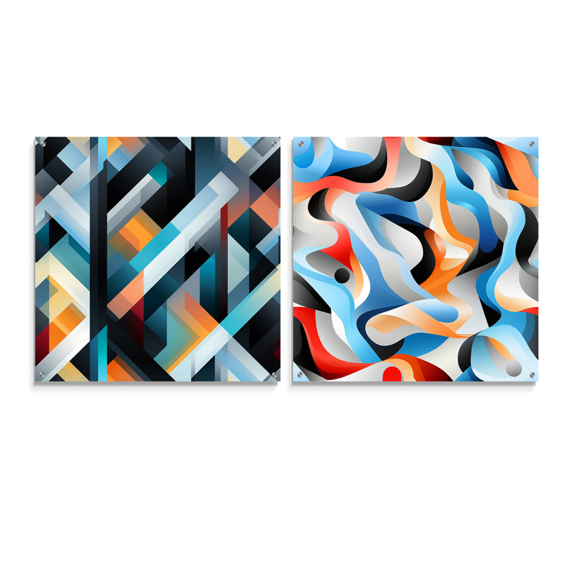 Monochromes et reflets I - Ensemble de 2 verres muraux abstraits géométriques en acrylique, H 16 po x l 33 po