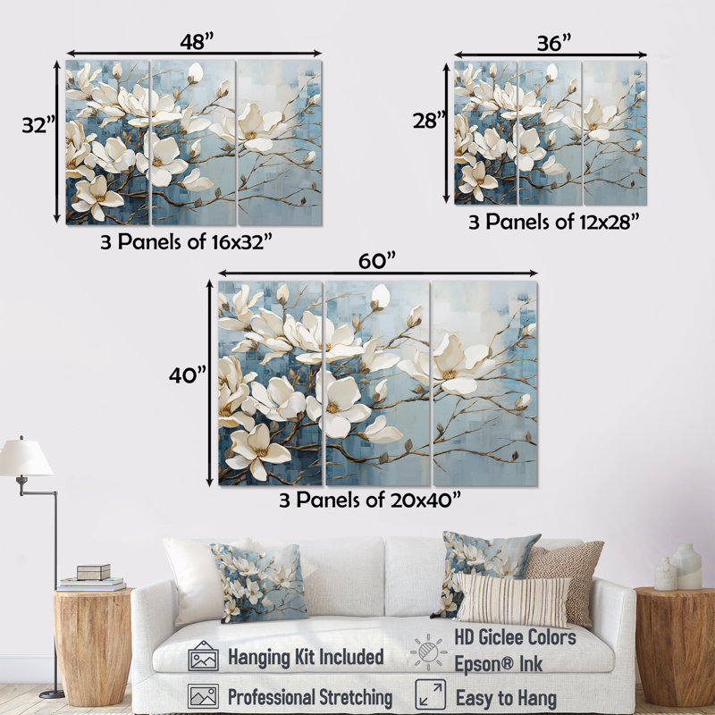 Ensemble de décorations murales bleues et dorées Magnolias VI - Magnolias, H 28 po x l 36 po x P 1 po, Toile tendue