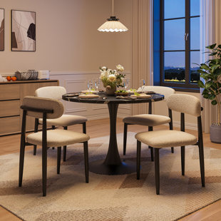 5 Pieces 35.4" Mid-Century Round Dining Table Set, Faux Marble Kitchen Dining Table Set for 4 with 4 Boucle Fabric Upholstered Dining Chairs