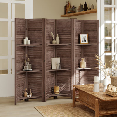 Paravent, écran d'intimité en bois à 6 panneaux de 67 po de hauteur avec 3 tablettes de présentation et rangement pliant pour la chambre à coucher ou le bureau personnel, noyer