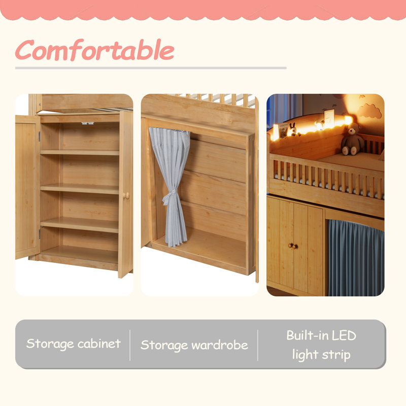 Lit mezzanine simple avec armoire de rangement, garde-robe et DEL, Wood