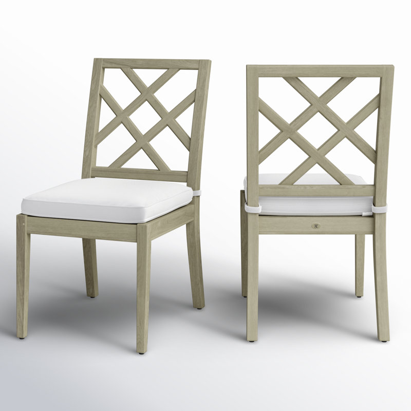 Haley Patio Dining Side Chair with Cushions, Oyster Teak, Rollo Lace, Welt