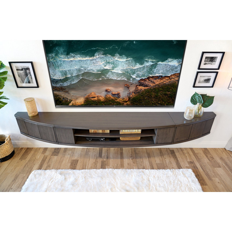 Floating TV Stand Curved Wall Mount Entertainment Center - Arc - Greystone, Gray Wood