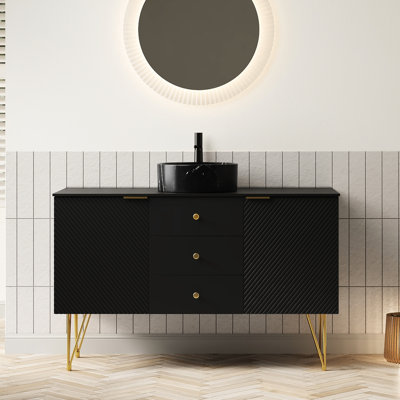 Meuble-lavabo de salle de bain de 122 cm (48 po), lavabo en céramique à motif de pierre noire, pieds dorés, 3 tiroirs de rangement, 2 compartiments ouverts, comptoir fritté, armoire en contreplaqué multicouche, lavabo rond design, et