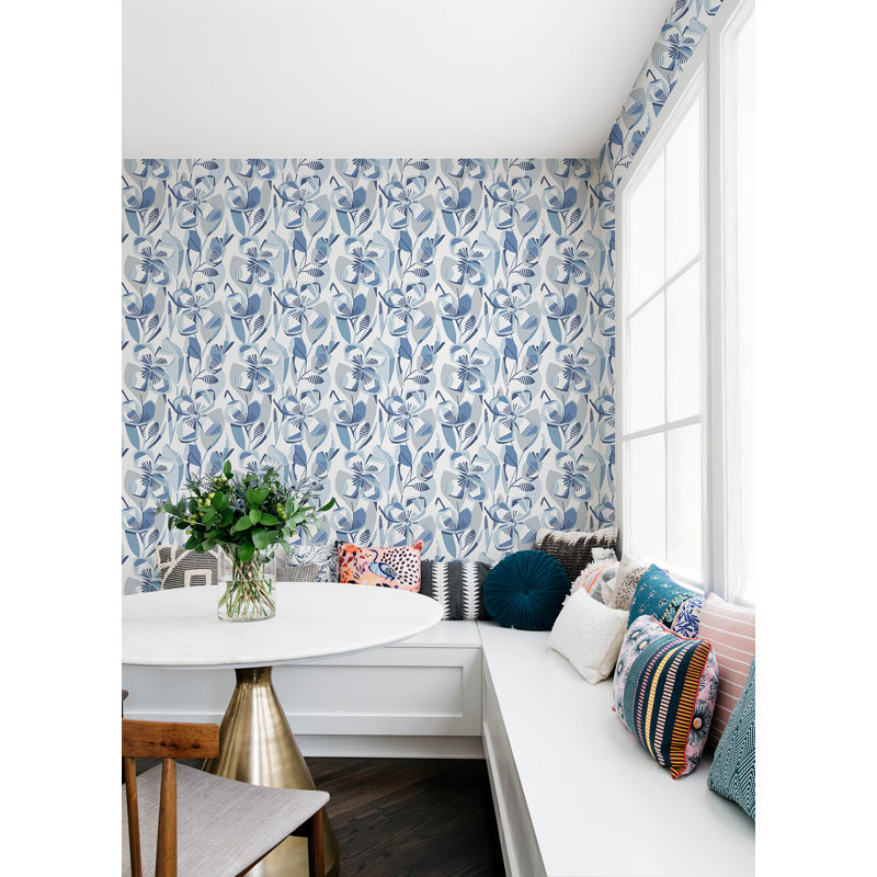 Nathalie Light Green Abstract Blooms Wallpaper, Blue