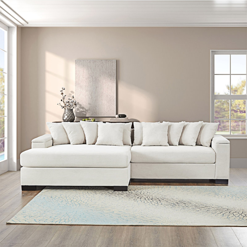 Canapé modulaire rembourré avec méridienne convertible, Velours côtelé beige