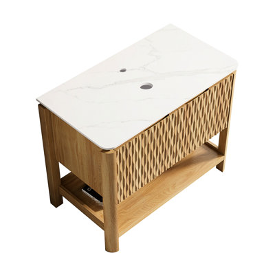 Meuble-lavabo autoportant de 36 po avec 2 portes et tablette ouverte, plateau en pierre frittée blanche, chêne brun, rayures d'eau, panneaux de porte cannelés à technologie 3D, fonction de fermeture en douceur pour réduire le bruit
