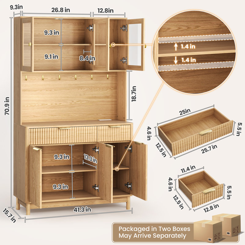 Armoire de rangement avec buffet en métal 31,5 "avec crochets en métal et tablettes réglables, L 41,3 po, Brun