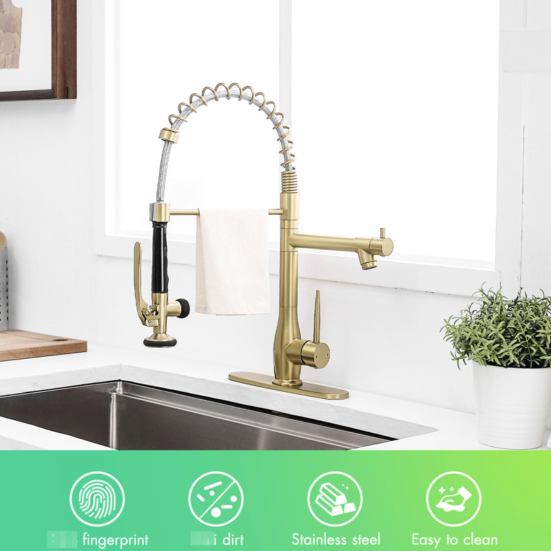 Contemporary Single Hole Kitchen Faucet In Brushed Gold, Pull Down , 500,000 Times Open & Shut Durability Commercial Gold Sink With Easy Diy Setup, Stable Water Temperature