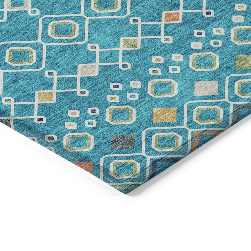 Tapis intérieur / extérieur ivoire et doré 9 pi x 12 pi bleu sarcelle à motif géométrique lavable