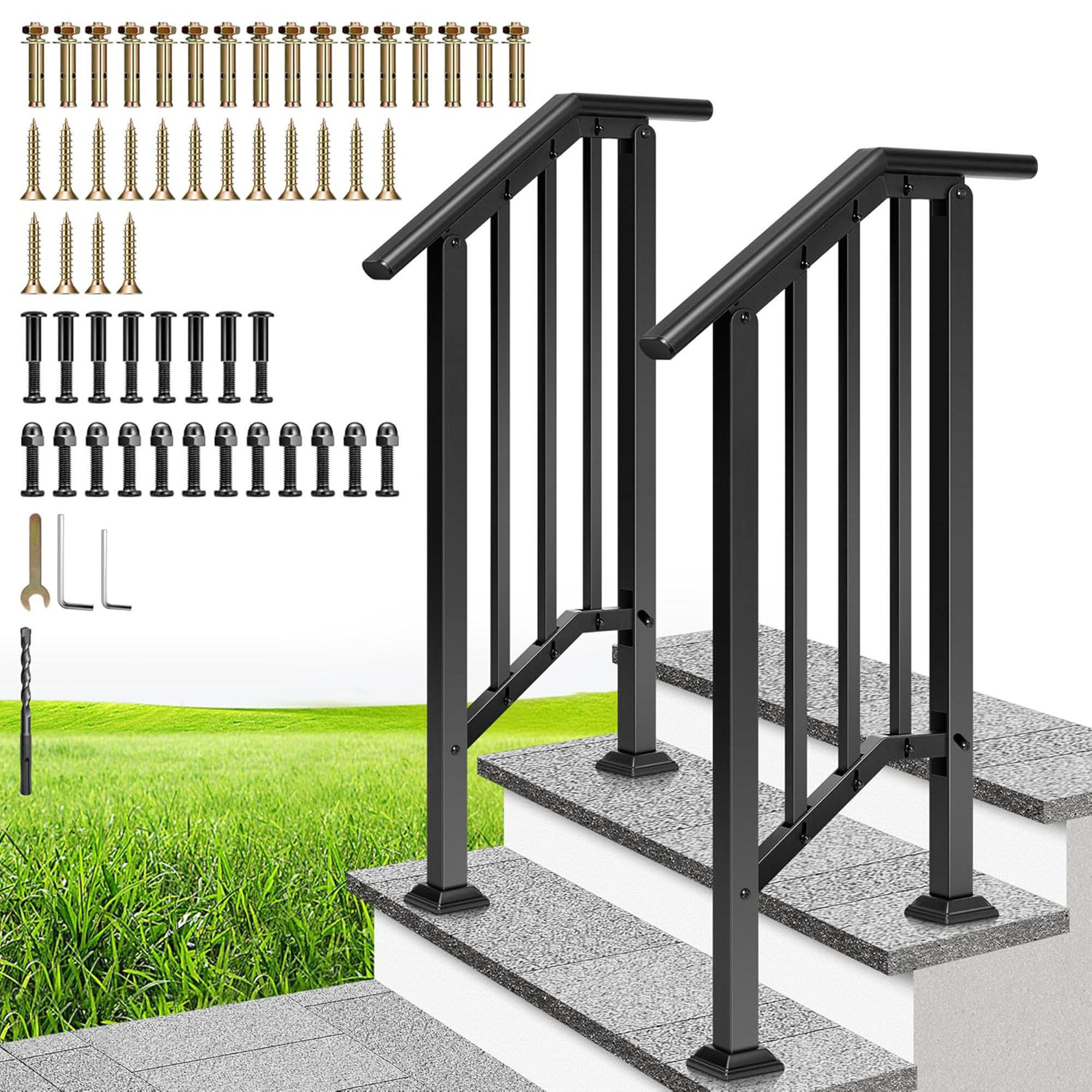 Huahui 2 Pack 3 Step Outdoor Hand Rails With Balusters, Black ...