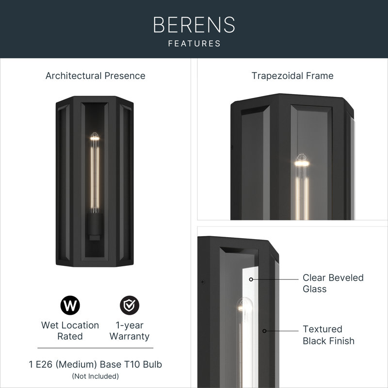 Berens 16" 1-Light Outdoor Wall Light with Clear Glass in Textured Black, 16" H x 7.75" W x 4" D, Textured Black