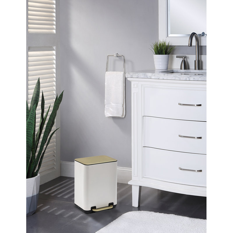 6 Litre / 1.58 Gallon Rectangle Step On and Slow Close Trash Can with Plastic Inner Buckets, White/Gold