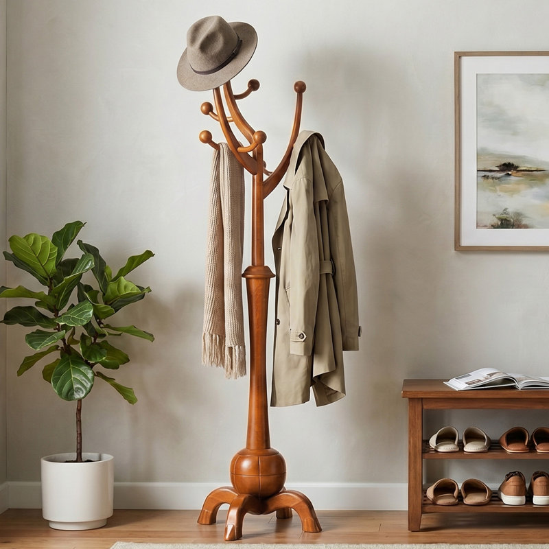 Janiya 8-Hook Solid Wood Freestanding Coat Rack, Light Brown