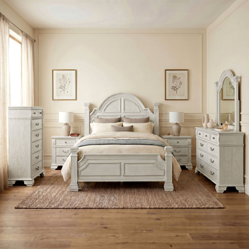Ensemble de chambre à coucher en bois avec tête de lit en forme de cloche Adames, Blanc, Très grand californien